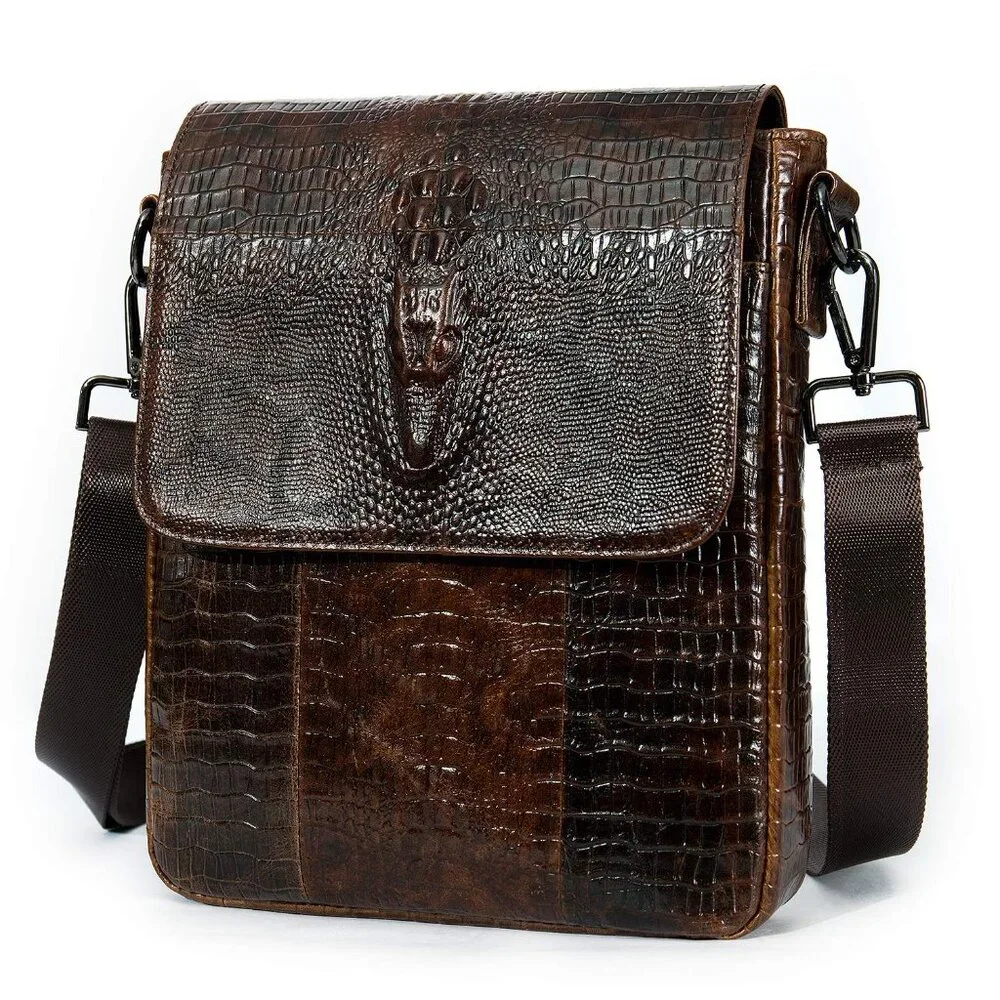 Genuine Leather Messenger Bag Crocodile Embossed Crossbody Daypack Retro